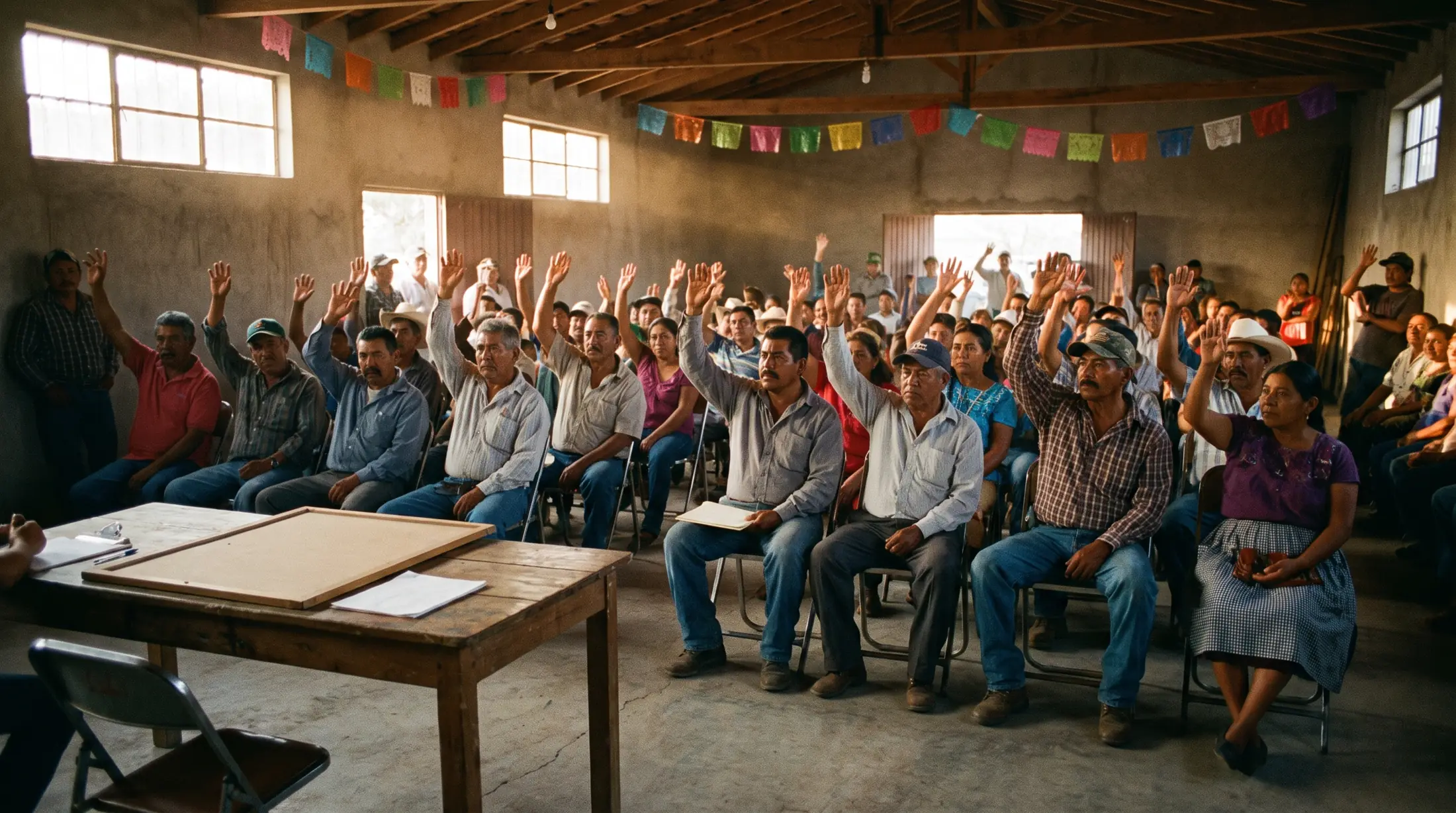 Socios levantan la mano para votar en una asamblea en un salón comunitario