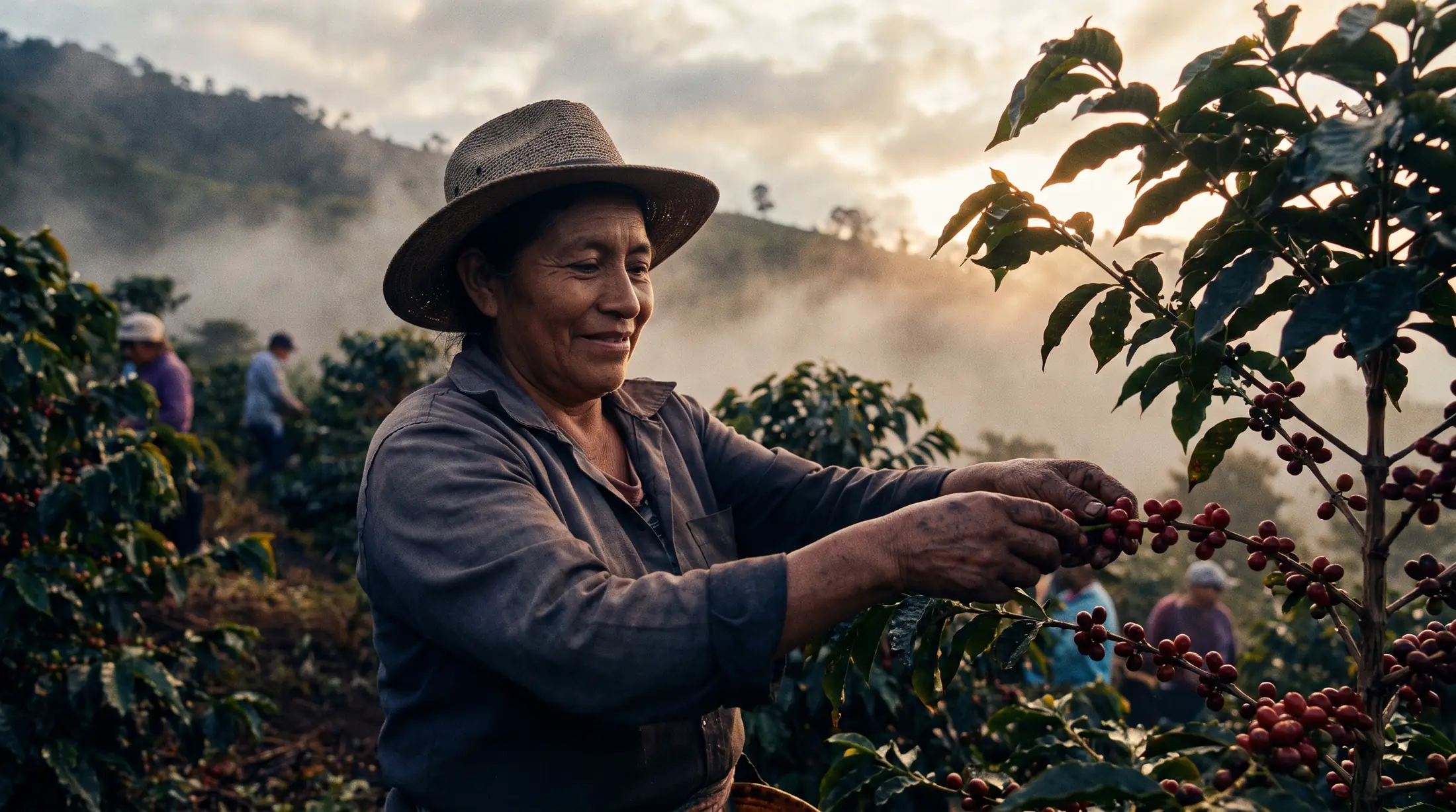 Una productora cosecha café al amanecer en un cafetal con neblina