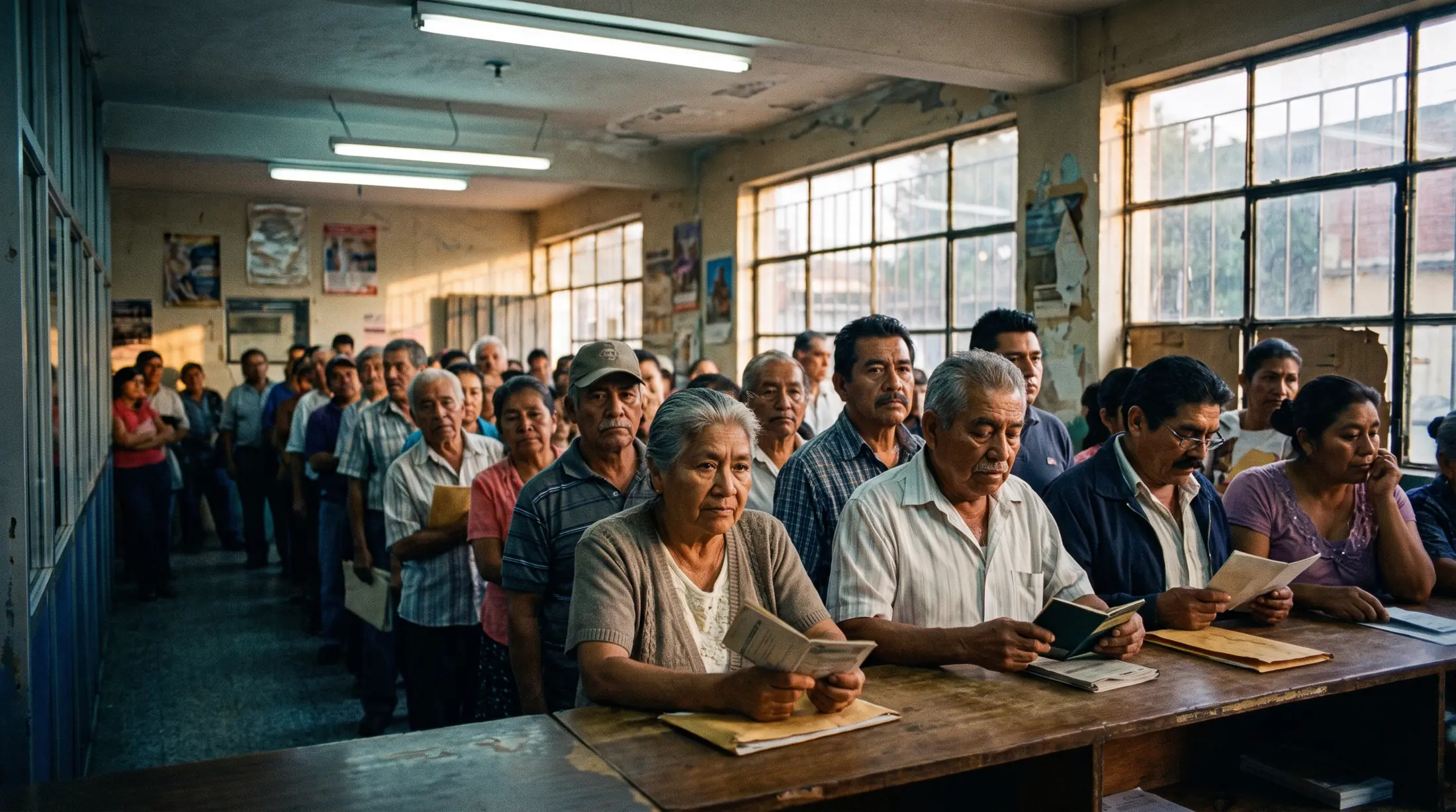 Socios hacen una fila larga frente al mostrador de una caja popular