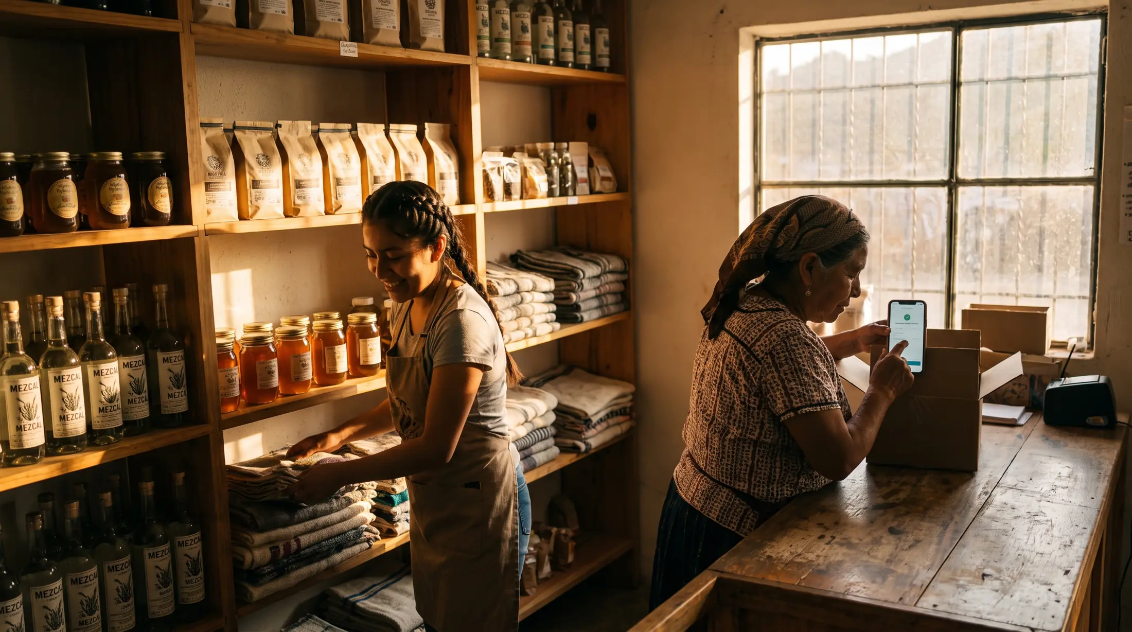 Socias acomodan productos y empacan un pedido en línea en la tienda de la cooperativa