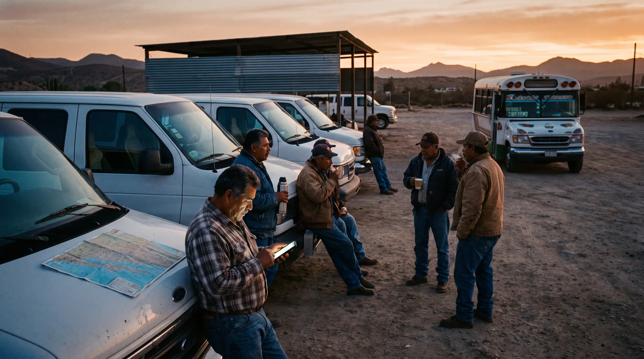 Choferes de una cooperativa de transporte junto a sus camionetas al amanecer